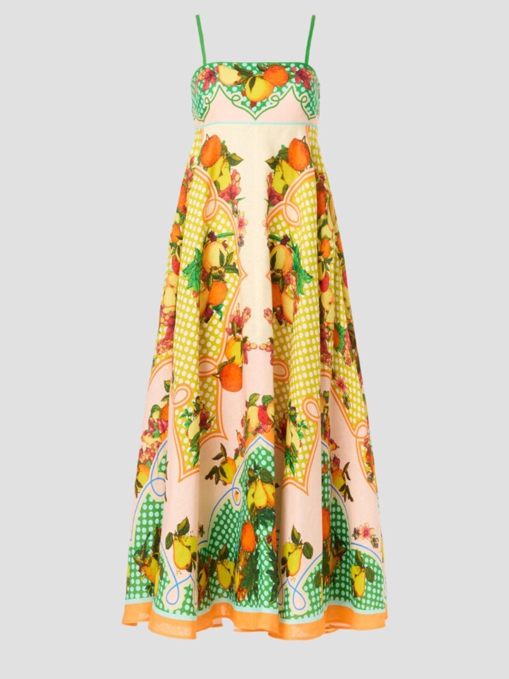 Alemais LEMONIS Citrus Fruit Floral Linen Yellow Midi Dress Sundress Size US 4